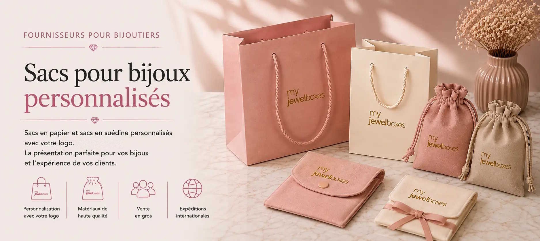 Sacs pour bijoux personnalisés en papier et suédine avec logo MyJewelBoxes
